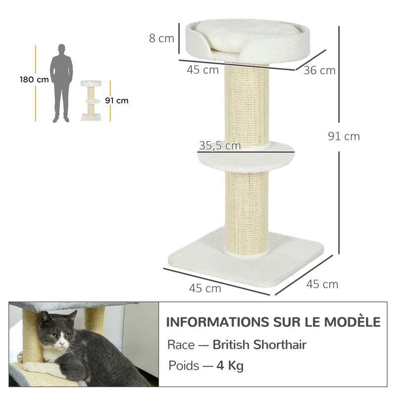 Arranhador para Gatos Altura 91 cm Arranhador para Gatos de 3 Níveis com Ninho Plataforma e Poste de Sisal 45x45x91 cm Creme