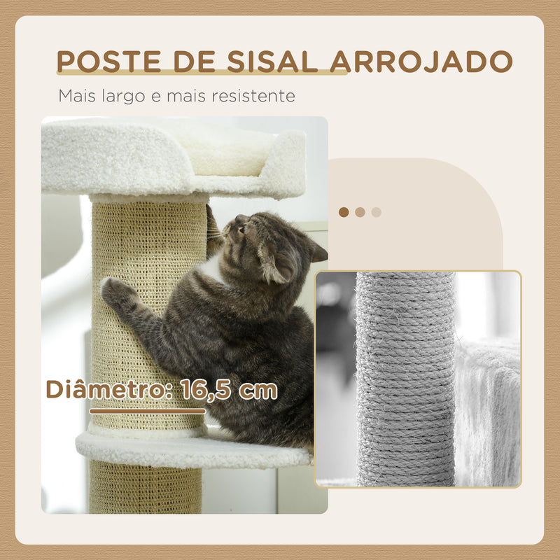 Arranhador para Gatos Altura 91 cm Arranhador para Gatos de 3 Níveis com Ninho Plataforma e Poste de Sisal 45x45x91 cm Creme