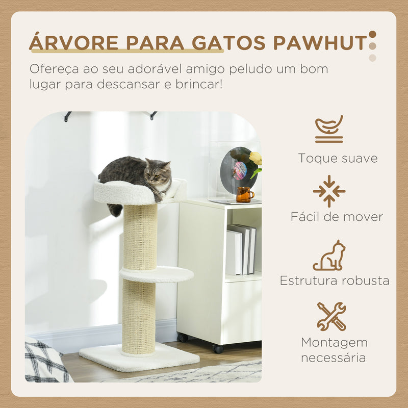 Arranhador para Gatos Altura 91 cm Arranhador para Gatos de 3 Níveis com Ninho Plataforma e Poste de Sisal 45x45x91 cm Creme