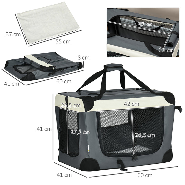 Transportadora para Cães e Gatos Bolsa de Transporte Animais de Estimação Dobrável com Almofada Suave e 2 Correias de Ombro para Carro Avião Viajem 60x41x41cm Cinzento