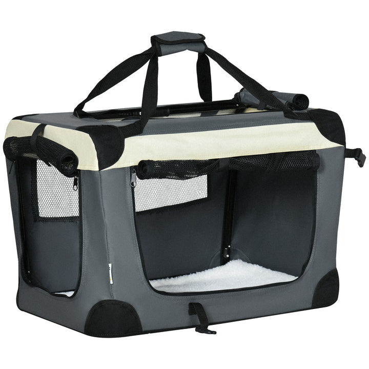 Transportadora para Cães e Gatos Bolsa de Transporte Animais de Estimação Dobrável com Almofada Suave e 2 Correias de Ombro para Carro Avião Viajem 60x41x41cm Cinzento