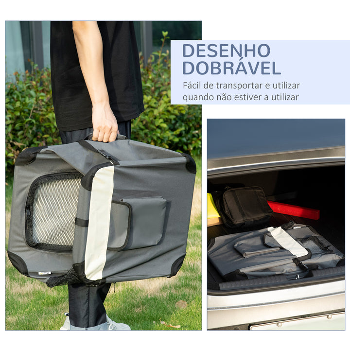 Transportadora para Cães e Gatos Bolsa de Transporte Animais de Estimação Dobrável com Almofada Suave e 2 Correias de Ombro para Carro Avião Viajem 60x41x41cm Cinzento