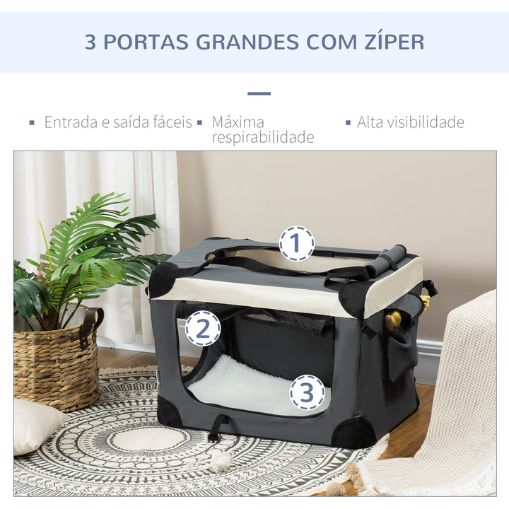 Transportadora para Cães e Gatos Bolsa de Transporte Animais de Estimação Dobrável com Almofada Suave e 2 Correias de Ombro para Carro Avião Viajem 60x41x41cm Cinzento
