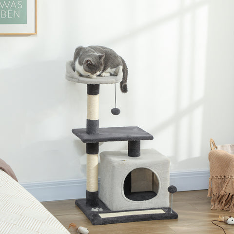 Arranhador para Gatos com Altura de 85 cm Torre de Escalada com Plataformas Caverna Postes Arranhadores Tapete de Sisal e Bolas Cinzento Claro e Preto