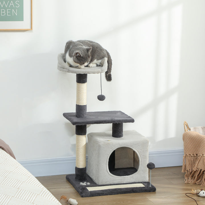 Arranhador para Gatos com Altura de 85 cm Torre de Escalada com Plataformas Caverna Postes Arranhadores Tapete de Sisal e Bolas Cinzento Claro e Preto