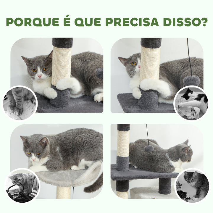 Arranhador para Gatos com Altura de 85 cm Torre de Escalada com Plataformas Caverna Postes Arranhadores Tapete de Sisal e Bolas Cinzento Claro e Preto