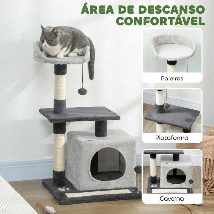Arranhador para Gatos com Altura de 85 cm Torre de Escalada com Plataformas Caverna Postes Arranhadores Tapete de Sisal e Bolas Cinzento Claro e Preto