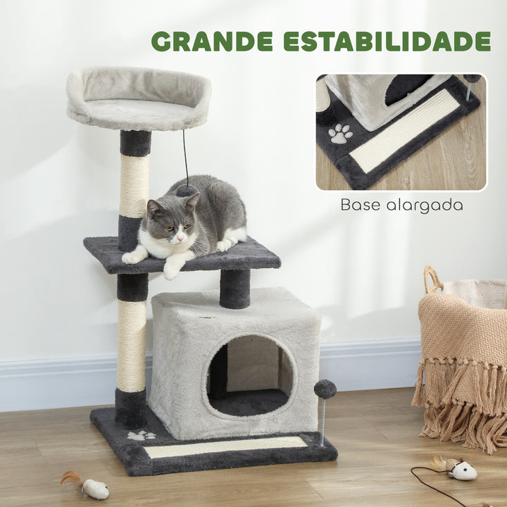 Arranhador para Gatos com Altura de 85 cm Torre de Escalada com Plataformas Caverna Postes Arranhadores Tapete de Sisal e Bolas Cinzento Claro e Preto