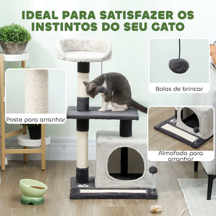 Arranhador para Gatos com Altura de 85 cm Torre de Escalada com Plataformas Caverna Postes Arranhadores Tapete de Sisal e Bolas Cinzento Claro e Preto