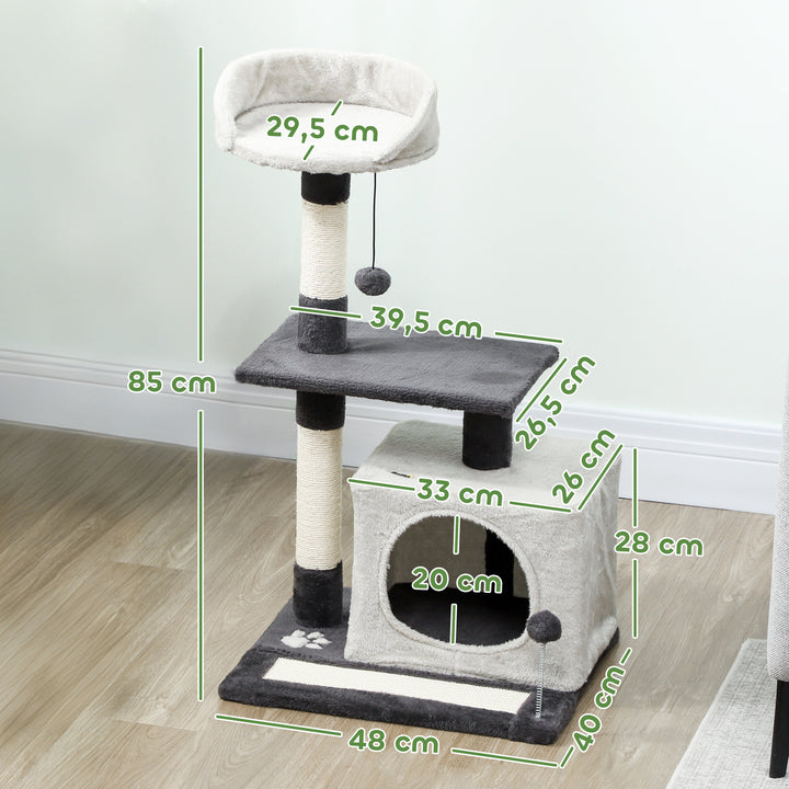 Arranhador para Gatos com Altura de 85 cm Torre de Escalada com Plataformas Caverna Postes Arranhadores Tapete de Sisal e Bolas Cinzento Claro e Preto