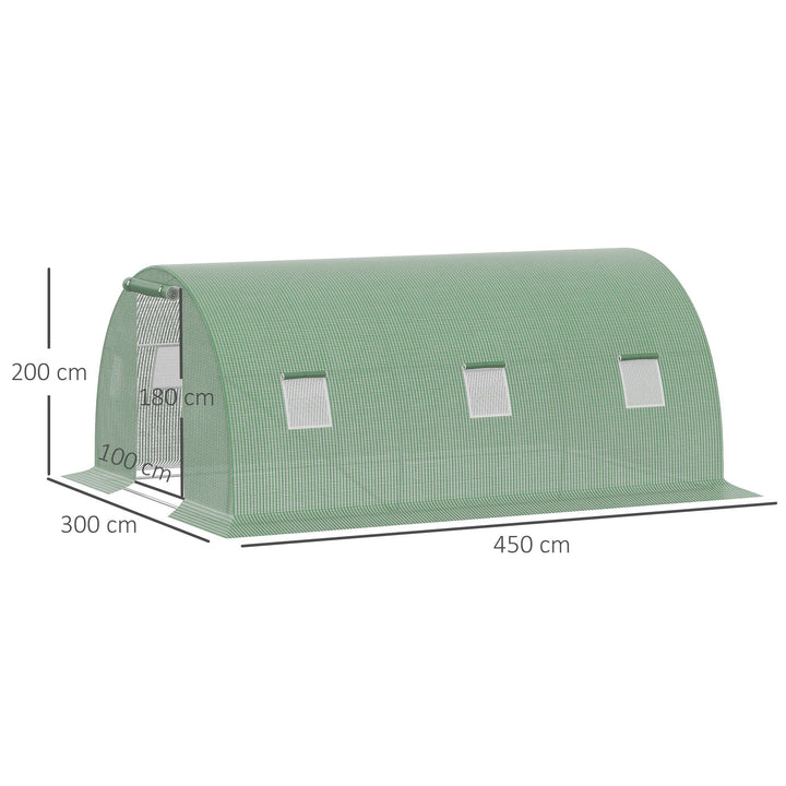 Estufa Tipo Túnel 4,5x3x2 m Estufa de Exterior com Paredes Laterais Enroláveis 6 Janelas de Malha e Porta Enrolável com Fecho de Correr para Jardim Pátio Verde