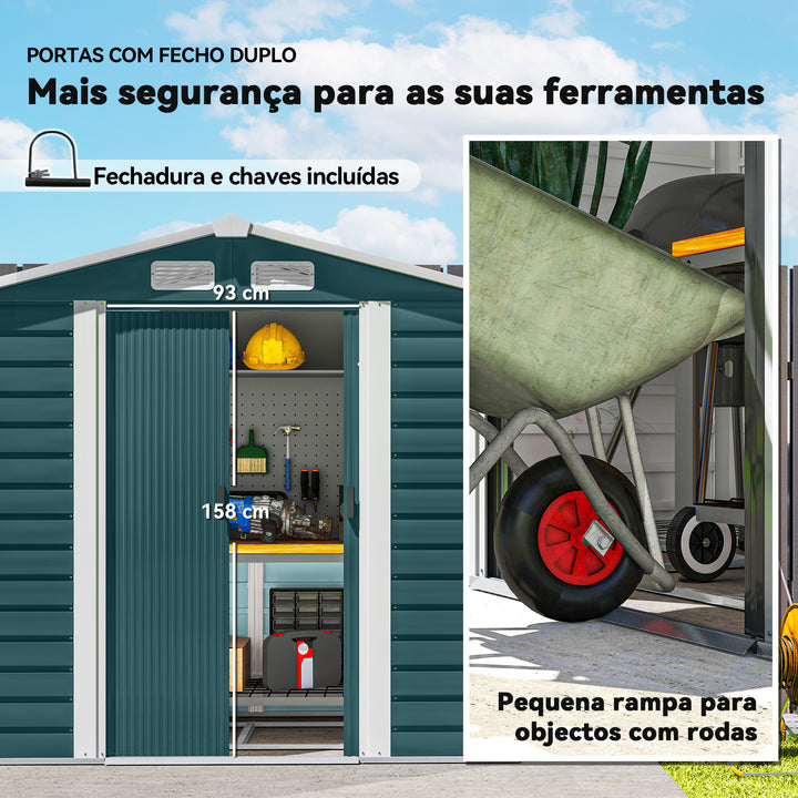 Abrigo de Jardim Exterior 2,36m² 213x120x194 cm Abrigo de Exterior com Base Reforçada (Piso NÃO Incluído) Portas de Correr Duplas Fechadura Janelas Verde