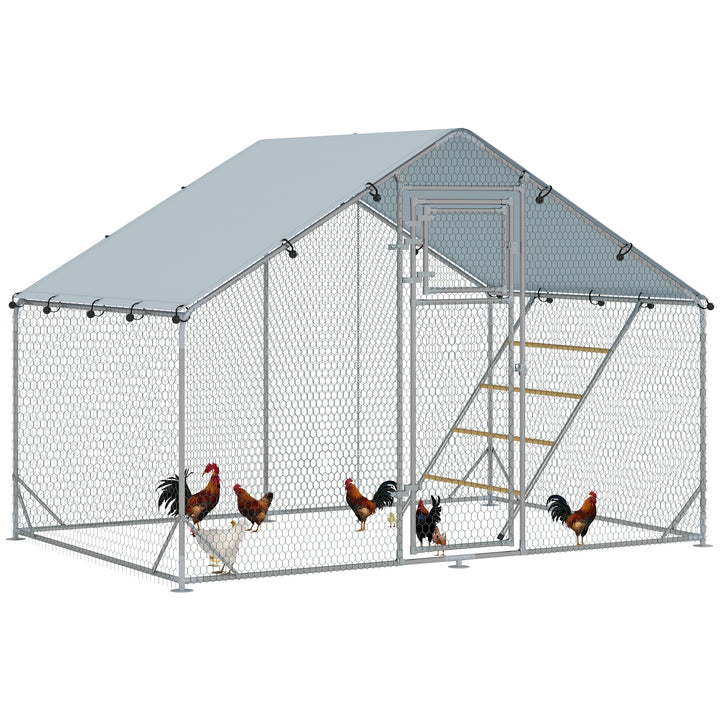 Galinheiro para Exterior 3x2 m Galinheiro de Aço Galvanizado com Comedouro Suspenso Tipo Espeto Poleiro Cobertura Anti-UV e Impermeável para Coelhos Patos Gansos Prata