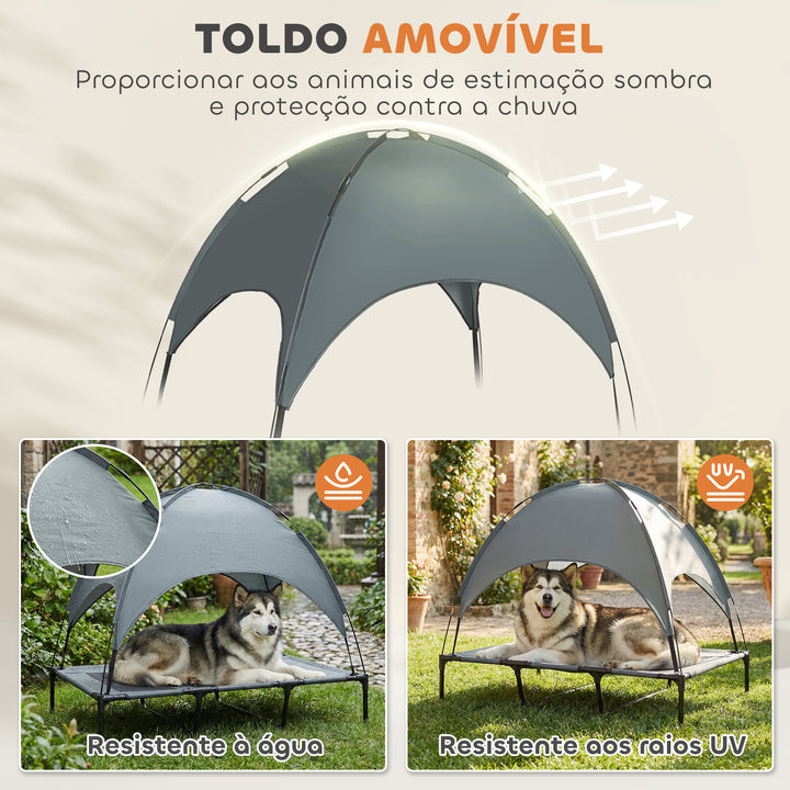 Cama elevada para animais de estimação Portátil com tecido respirável de toldo removível para interior e exterior 122x92x108 cm cinza