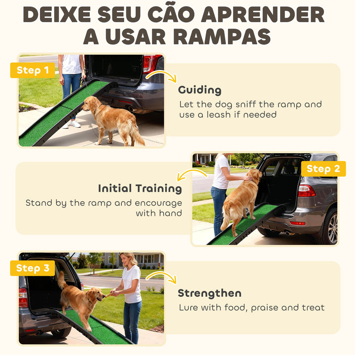 Rampa para Cães com Relva Artificial 155 cm Rampa Dobrável com Pega Ângulo Ajustável Antiderrapante, para Todas as Raças para Cama Sofá, Verde