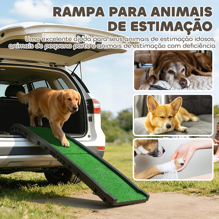 Rampa para Cães com Relva Artificial 155 cm Rampa Dobrável com Pega Ângulo Ajustável Antiderrapante, para Todas as Raças para Cama Sofá, Verde