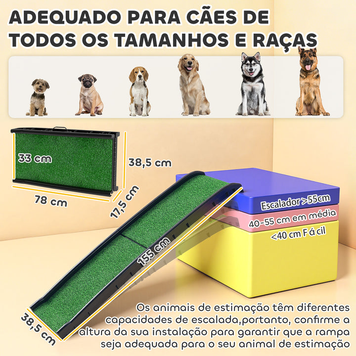 Rampa para Cães com Relva Artificial 155 cm Rampa Dobrável com Pega Ângulo Ajustável Antiderrapante, para Todas as Raças para Cama Sofá, Verde