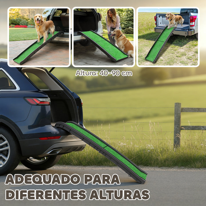 Rampa para Cães com Relva Artificial 155 cm Rampa Dobrável com Pega Ângulo Ajustável Antiderrapante, para Todas as Raças para Cama Sofá, Verde