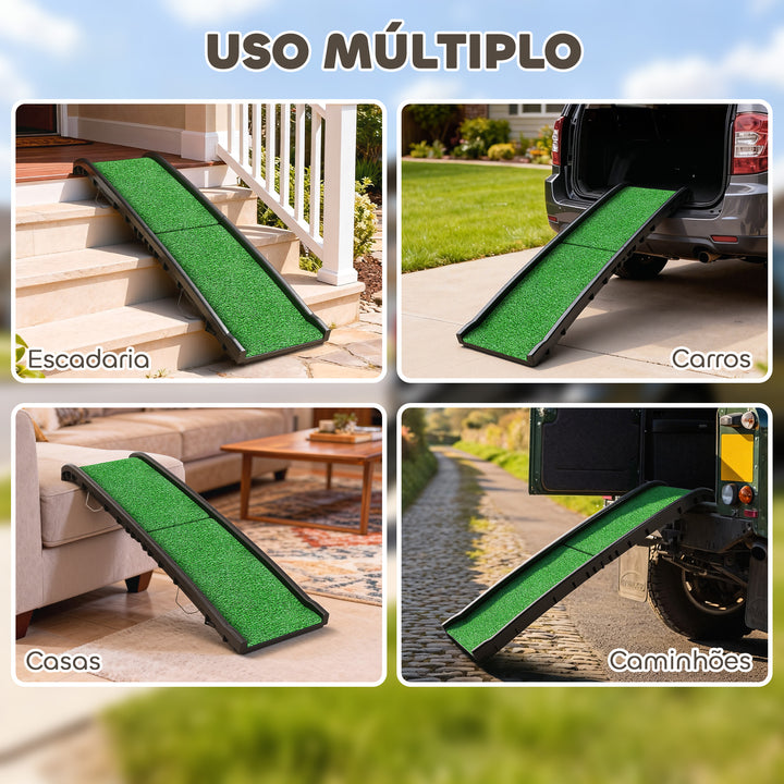 Rampa para Cães com Relva Artificial 155 cm Rampa Dobrável com Pega Ângulo Ajustável Antiderrapante, para Todas as Raças para Cama Sofá, Verde