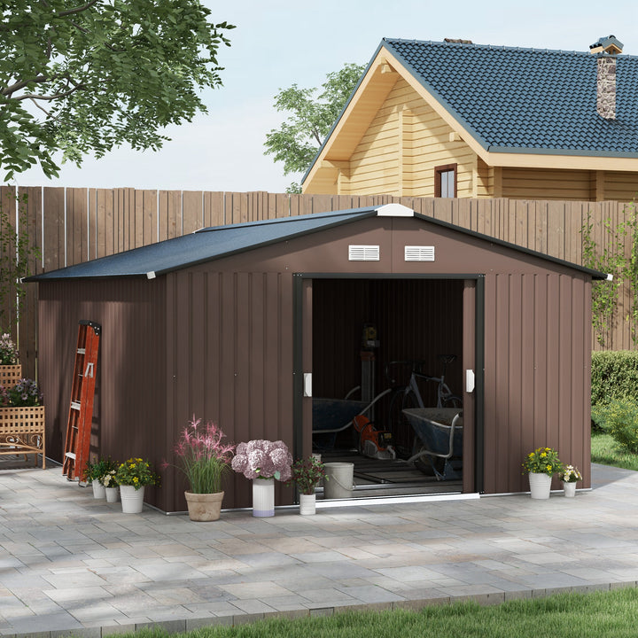 Abrigo de Jardim Exterior Abrigo e Jardim Metálico para Armazenamento de Ferramentas com 4 Janelas 12,4 m² 340x386x200 cm Marrom
