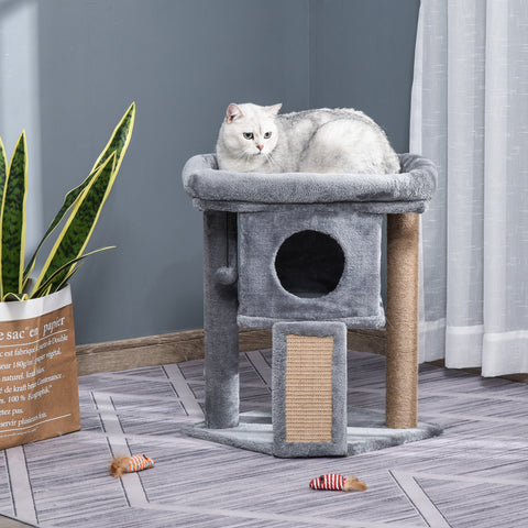 Árvore Arranhador para Gatos Pequenos Altura 57 cm Arranhador para Gatos com Poste de Juta Rampa Caverna e Bola Suspensa 40x40x57 cm Cinza