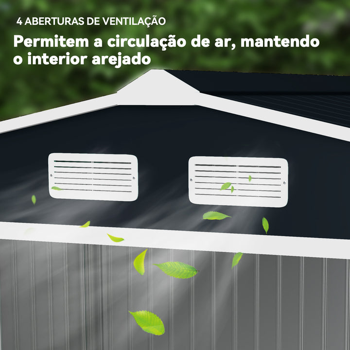 Abrigo de Jardim Exterior Abrigo e Jardim Metálico para Armazenamento de Ferramentas com Base Incluída e 4 Janelas 277x195x192cm Cinza Escuro