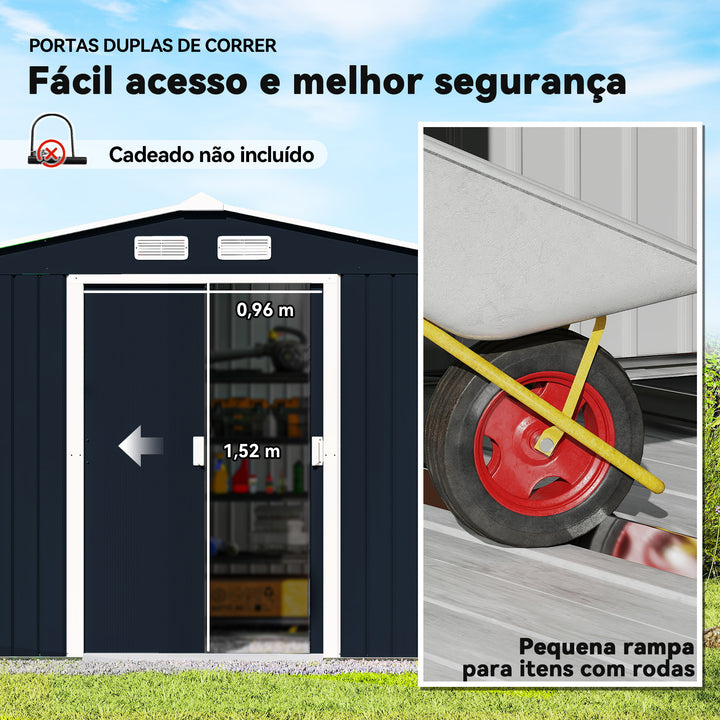 Abrigo de Jardim Exterior Abrigo e Jardim Metálico para Armazenamento de Ferramentas com Base Incluída e 4 Janelas 277x195x192cm Cinza Escuro