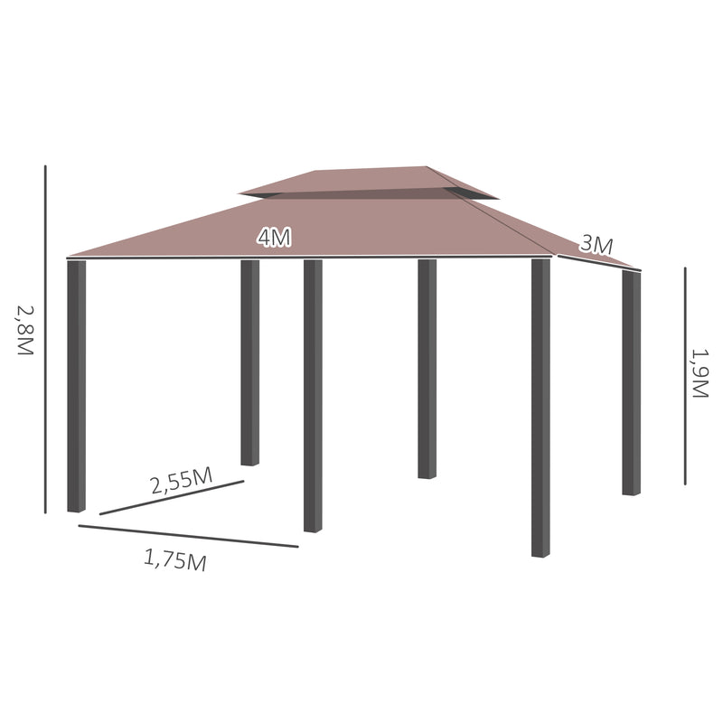 Pérgola de Jardim 3x4 m Pérgola de Exterior com Paredes Laterais Teto Duplo 6 Portas com Fecho de Correr e 8 Orifícios de Drenagem para Pátio Jardim Marrom