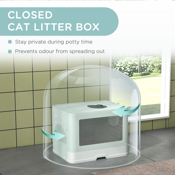Caixa de Areia para Gatos com Saída Superior Caixa de Areia para Gatos Amovível com Caixa de Armazenamento Pá Escova 2 Portas Entrada Principal e Saída Superior 48,5x38x36,5 cm Verde Claro