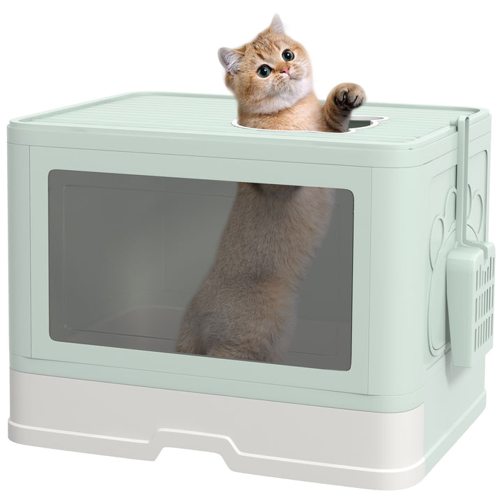 Caixa de Areia para Gatos com Saída Superior Caixa de Areia para Gatos Amovível com Caixa de Armazenamento Pá Escova 2 Portas Entrada Principal e Saída Superior 48,5x38x36,5 cm Verde Claro