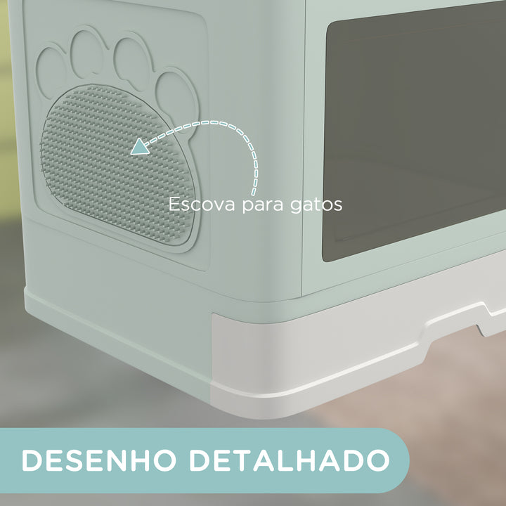 Caixa de Areia para Gatos com Saída Superior Caixa de Areia para Gatos Amovível com Caixa de Armazenamento Pá Escova 2 Portas Entrada Principal e Saída Superior 48,5x38x36,5 cm Verde Claro