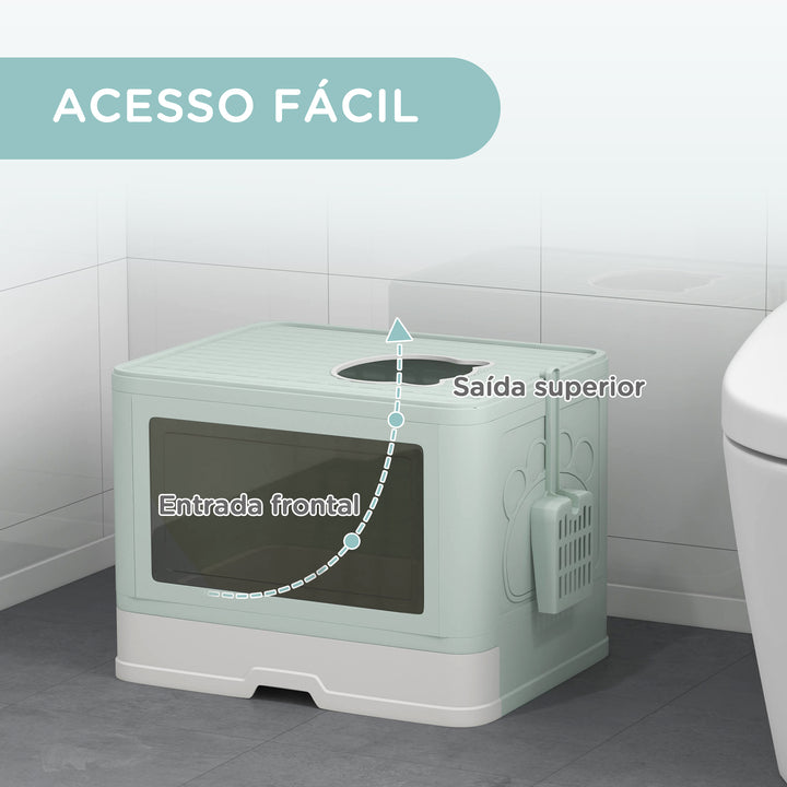 Caixa de Areia para Gatos com Saída Superior Caixa de Areia para Gatos Amovível com Caixa de Armazenamento Pá Escova 2 Portas Entrada Principal e Saída Superior 48,5x38x36,5 cm Verde Claro