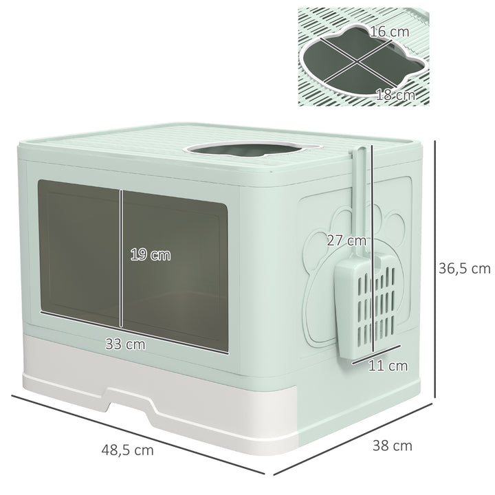 Caixa de Areia para Gatos com Saída Superior Caixa de Areia para Gatos Amovível com Caixa de Armazenamento Pá Escova 2 Portas Entrada Principal e Saída Superior 48,5x38x36,5 cm Verde Claro