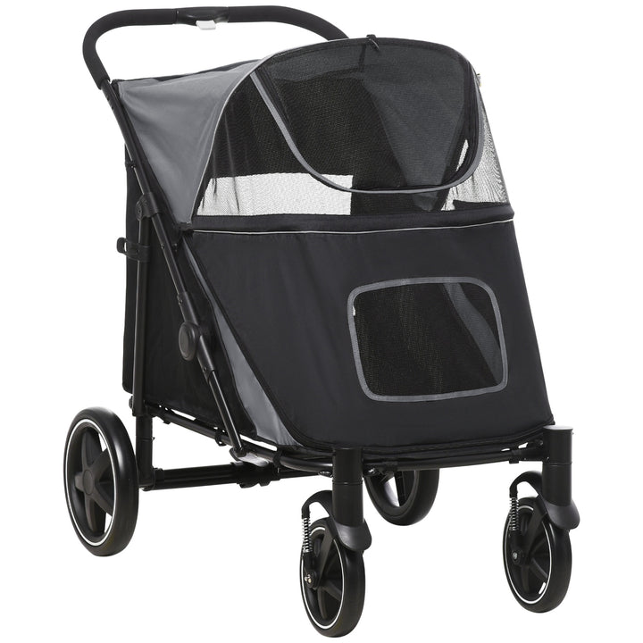 Carrinho para Cães Dobrável Carrinho para Animais de Estimação com Janelas de Malha Cinto de Segurança e Bolsos de Armazenamento Carga Máxima 40 kg 112x65x100 cm Cinzento