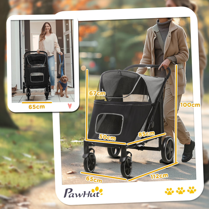 Carrinho para Cães Dobrável Carrinho para Animais de Estimação com Janelas de Malha Cinto de Segurança e Bolsos de Armazenamento Carga Máxima 40 kg 112x65x100 cm Cinzento