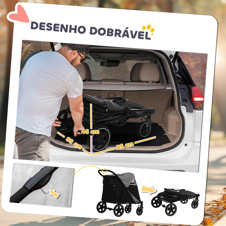 Carrinho para Cães Dobrável Carrinho para Animais de Estimação com Janelas de Malha Cinto de Segurança e Bolsos de Armazenamento Carga Máxima 40 kg 112x65x100 cm Cinzento