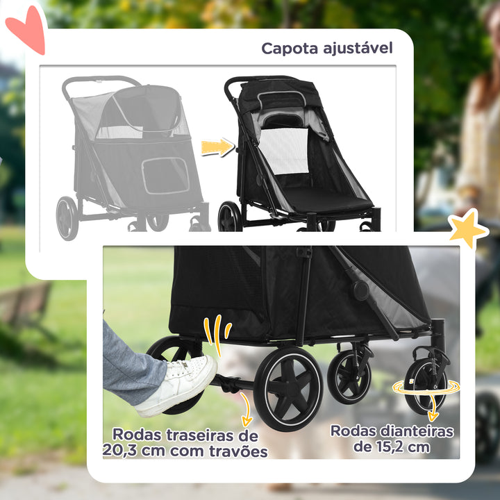 Carrinho para Cães Dobrável Carrinho para Animais de Estimação com Janelas de Malha Cinto de Segurança e Bolsos de Armazenamento Carga Máxima 40 kg 112x65x100 cm Cinzento