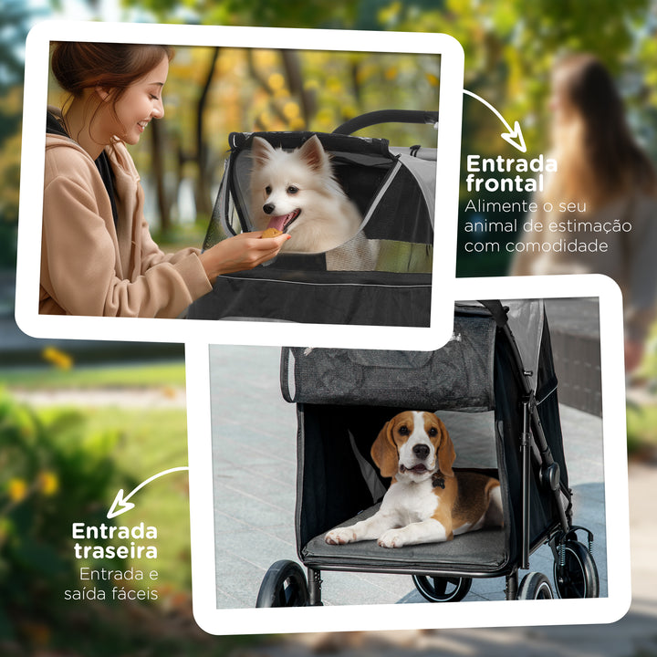 Carrinho para Cães Dobrável Carrinho para Animais de Estimação com Janelas de Malha Cinto de Segurança e Bolsos de Armazenamento Carga Máxima 40 kg 112x65x100 cm Cinzento