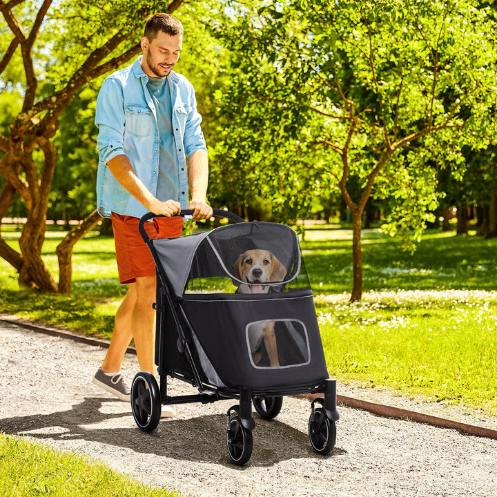 Carrinho para Cães Dobrável Carrinho para Animais de Estimação com Janelas de Malha Cinto de Segurança e Bolsos de Armazenamento Carga Máxima 40 kg 112x65x100 cm Cinzento