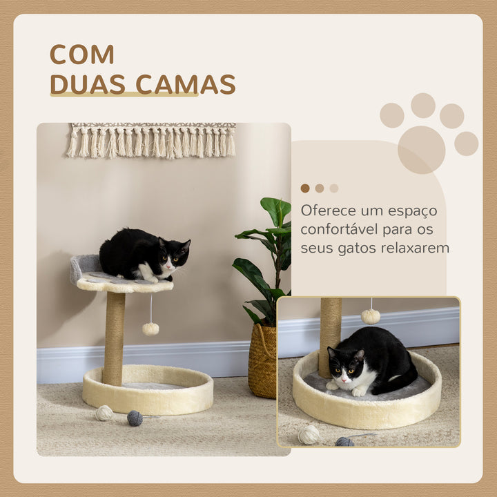 Arranhador para Gatos Altura 44 cm Torre de Escalada com 2 Camas Poste de Juta Brinquedo Pendurado Ø41x44 cm Cinza Claro