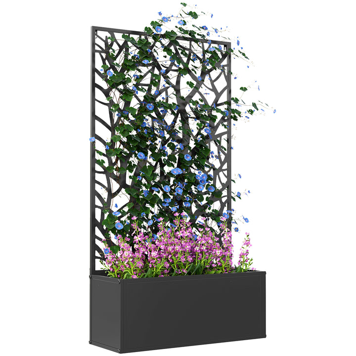 Floreira de Exterior Floreira de Metal com Ecrã de Privacidade com Ramos Decorativos Floreira de Parede ou Independente para Pátio Varanda 61x23x113 cm Preto