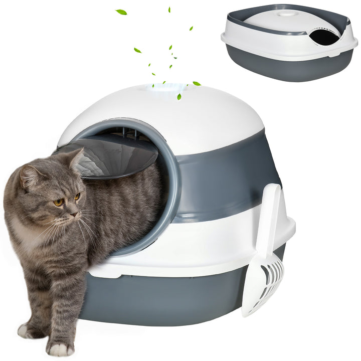 Caixa de Areia para Gatos Dobrável Caixa de Areia para Gatos Fechada Caixa de Areia para Gatos com Pá 52x41x38 cm Branco e Cinza