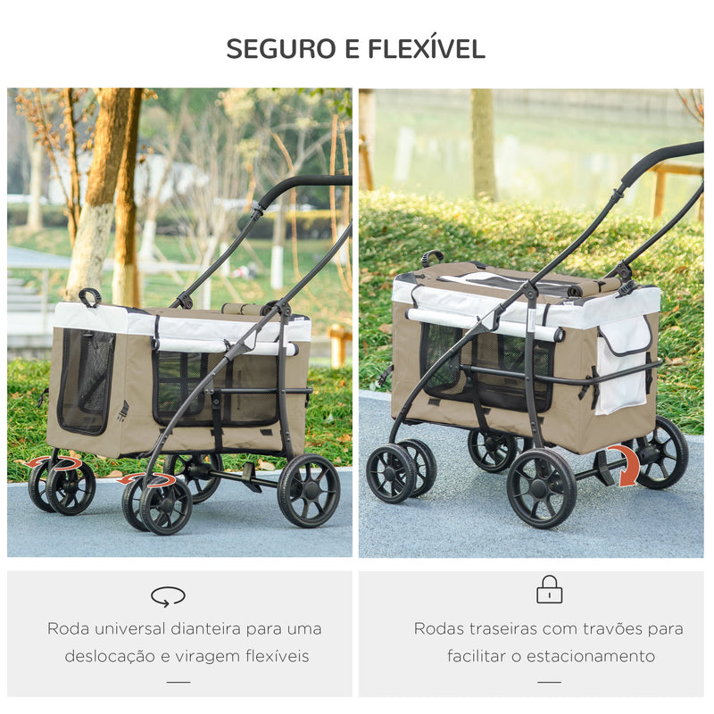 Carrinho para Animais de Estimação Carrinho para Cães Dobrável com Compartimento Desmontável 4 Portas com Fecho de Correr 2 Correias de Segurança e de Transporte 81x58x97,5 cm Cáqui