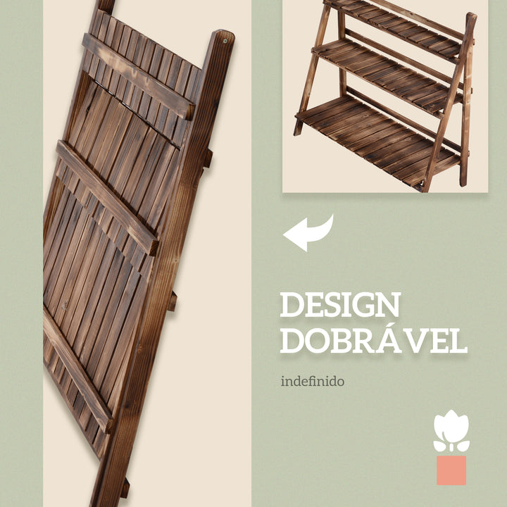 Suporte para Plantas de Madeira de 3 Níveis Prateleira Dobrável com Base de Ripas Suporte para Vasos para Interior e Exterior, Terraço e Jardim 100x37x93 cm Carbonizado