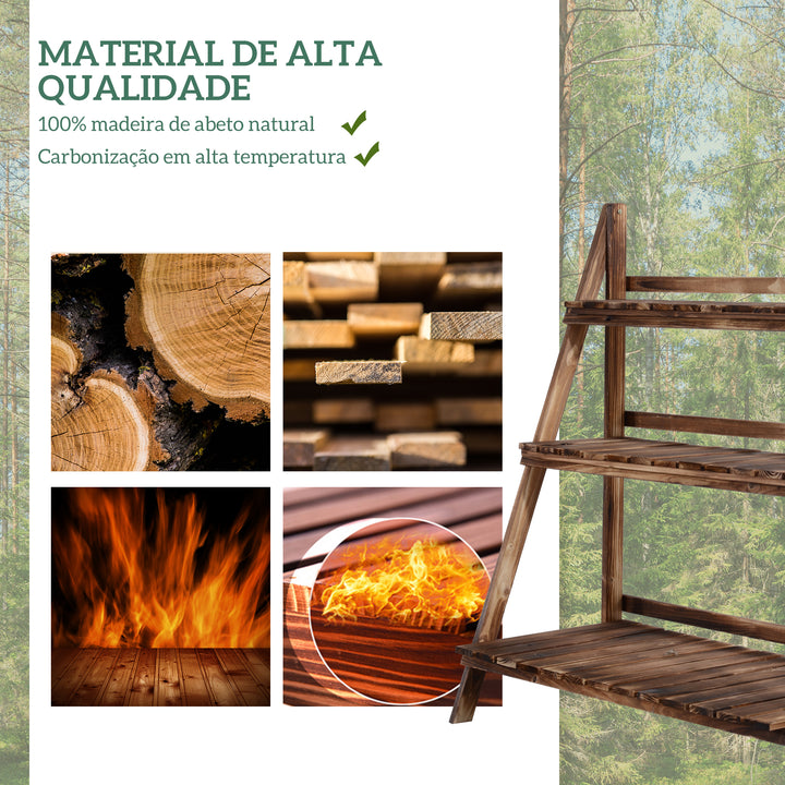 Suporte para Plantas de Madeira de 3 Níveis Prateleira Dobrável com Base de Ripas Suporte para Vasos para Interior e Exterior, Terraço e Jardim 100x37x93 cm Carbonizado