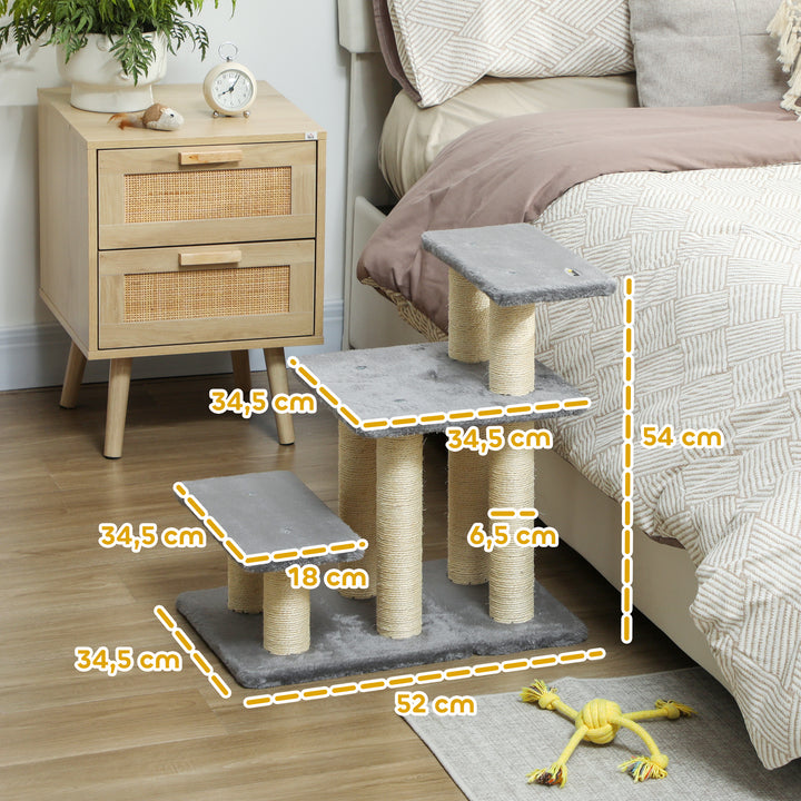 Escada para Gatos de 3 Degraus Escada para Animais de Estimação Estrutura Ajustável com Postes para Arranhar, Bola Pendurada Carga 10 kg para Cama Sofá 52x34,5x54 cm Cinzento