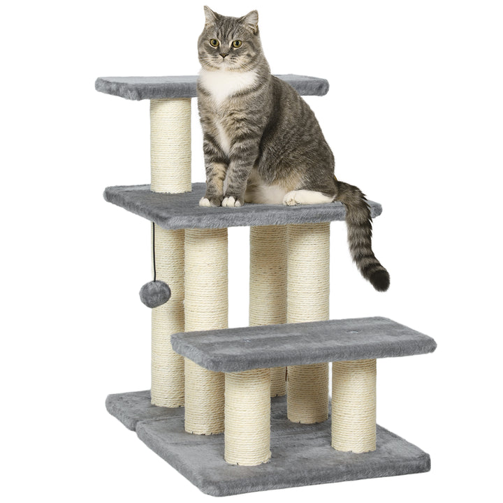 Escada para Gatos de 3 Degraus Escada para Animais de Estimação Estrutura Ajustável com Postes para Arranhar, Bola Pendurada Carga 10 kg para Cama Sofá 52x34,5x54 cm Cinzento