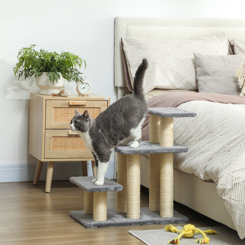 Escada para Gatos de 3 Degraus Escada para Animais de Estimação Estrutura Ajustável com Postes para Arranhar, Bola Pendurada Carga 10 kg para Cama Sofá 52x34,5x54 cm Cinzento