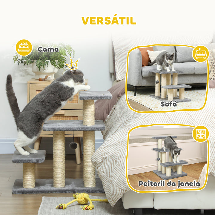 Escada para Gatos de 3 Degraus Escada para Animais de Estimação Estrutura Ajustável com Postes para Arranhar, Bola Pendurada Carga 10 kg para Cama Sofá 52x34,5x54 cm Cinzento