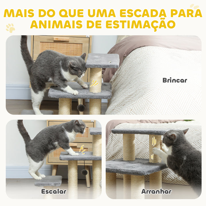 Escada para Gatos de 3 Degraus Escada para Animais de Estimação Estrutura Ajustável com Postes para Arranhar, Bola Pendurada Carga 10 kg para Cama Sofá 52x34,5x54 cm Cinzento
